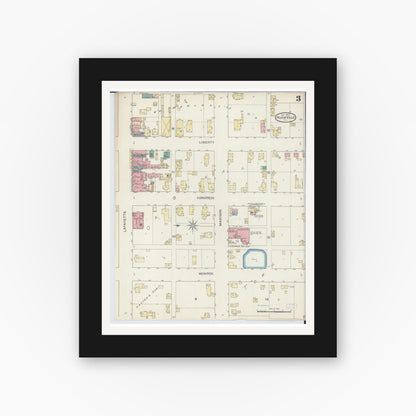 Old map wall art mockup — black gallery frame with white mat — Sanborn Fire Insurance Map from Rushville, Schuyler County, Illinois (1893), Sheet #0003