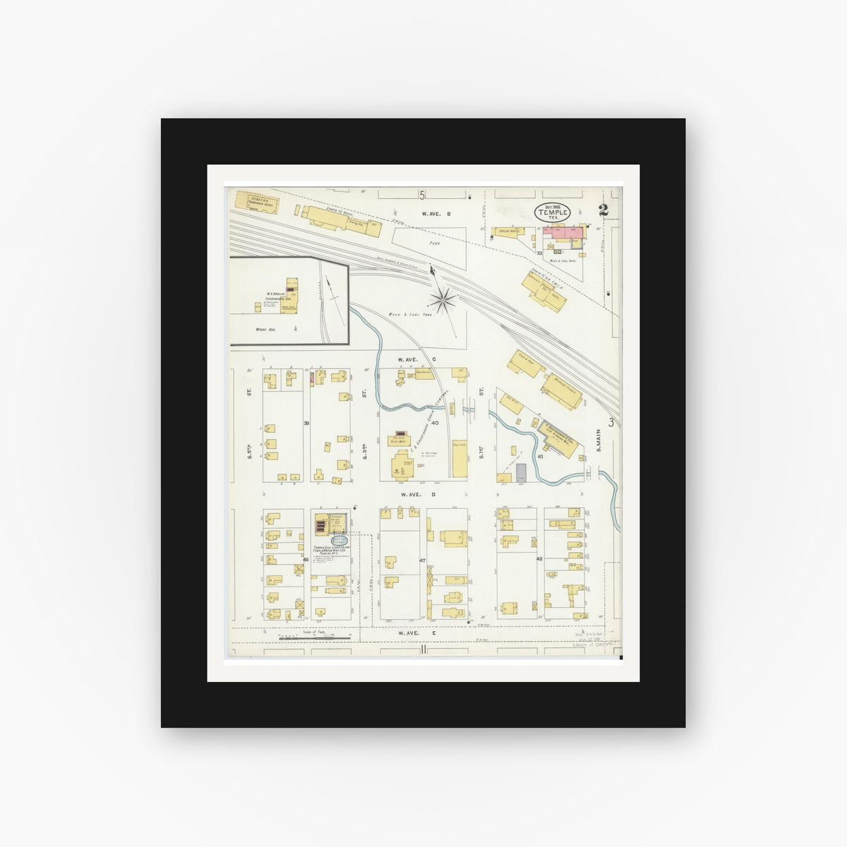 Old map wall art mockup — black gallery frame with white mat — Sanborn Fire Insurance Map from Temple, Bell County, Texas (1905), Sheet #0002