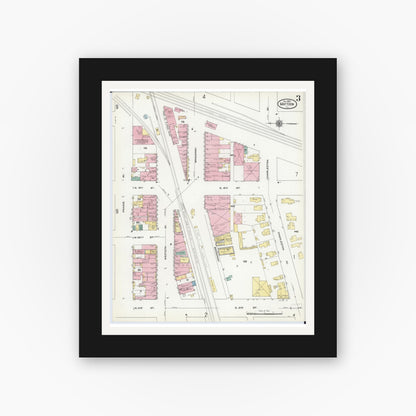 Old map wall art mockup — black gallery frame with white mat — Sanborn Fire Insurance Map from Mattoon, Coles County, Illinois (1909), Sheet #0003