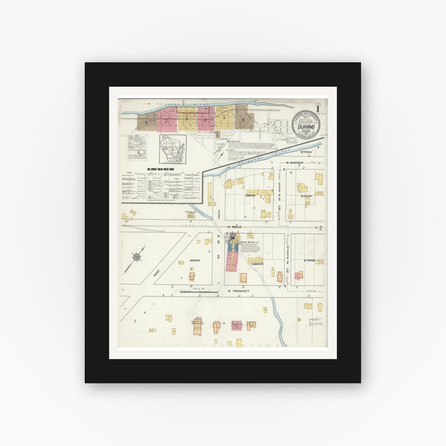 Old map wall art mockup — black gallery frame with white mat — Sanborn Fire Insurance Map from Durand, Pepin County, Wisconsin (1916), Sheet #0001