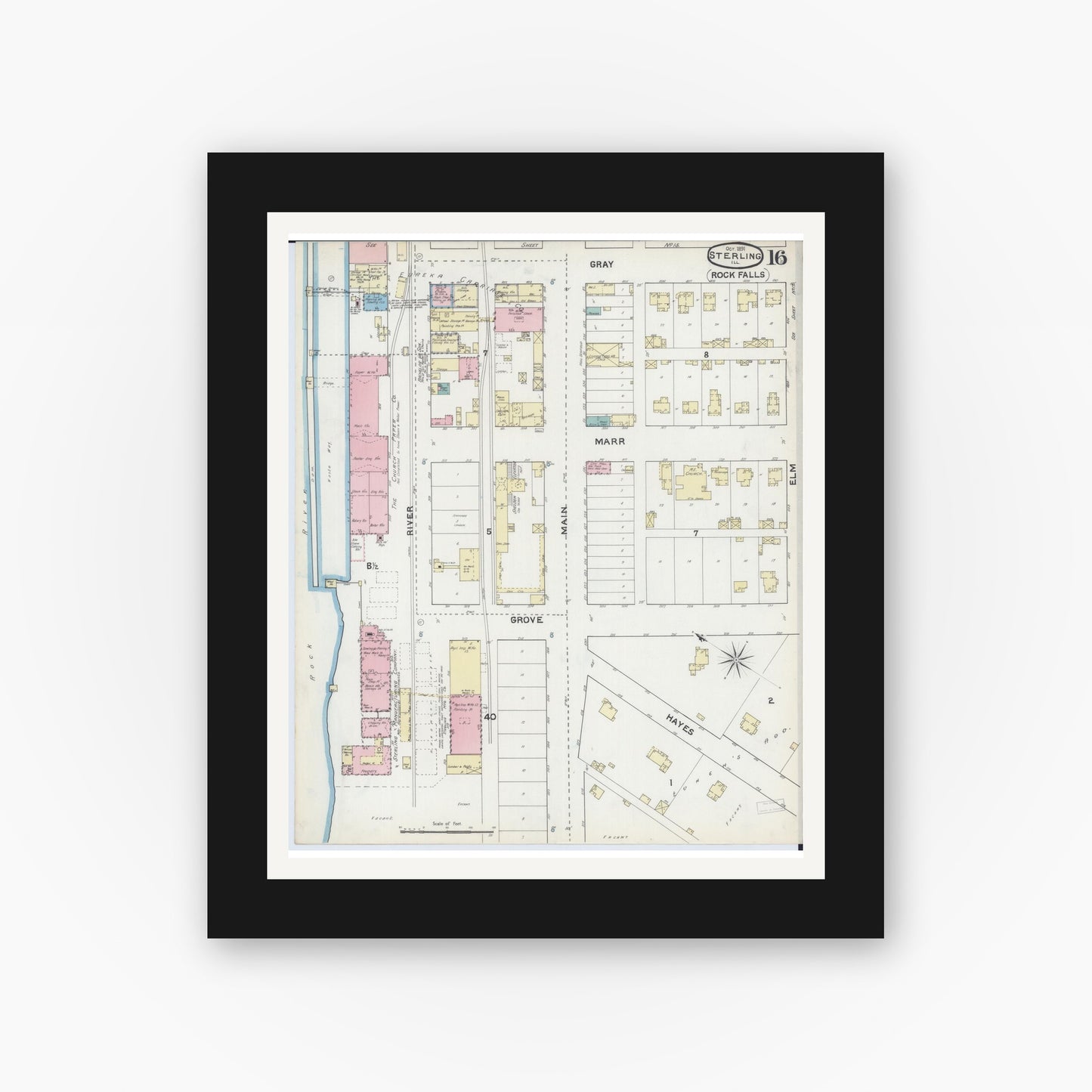 Old map wall art mockup — black gallery frame with white mat — Sanborn Fire Insurance Map from Sterling, Whiteside County, Illinois (1891), Sheet #0016