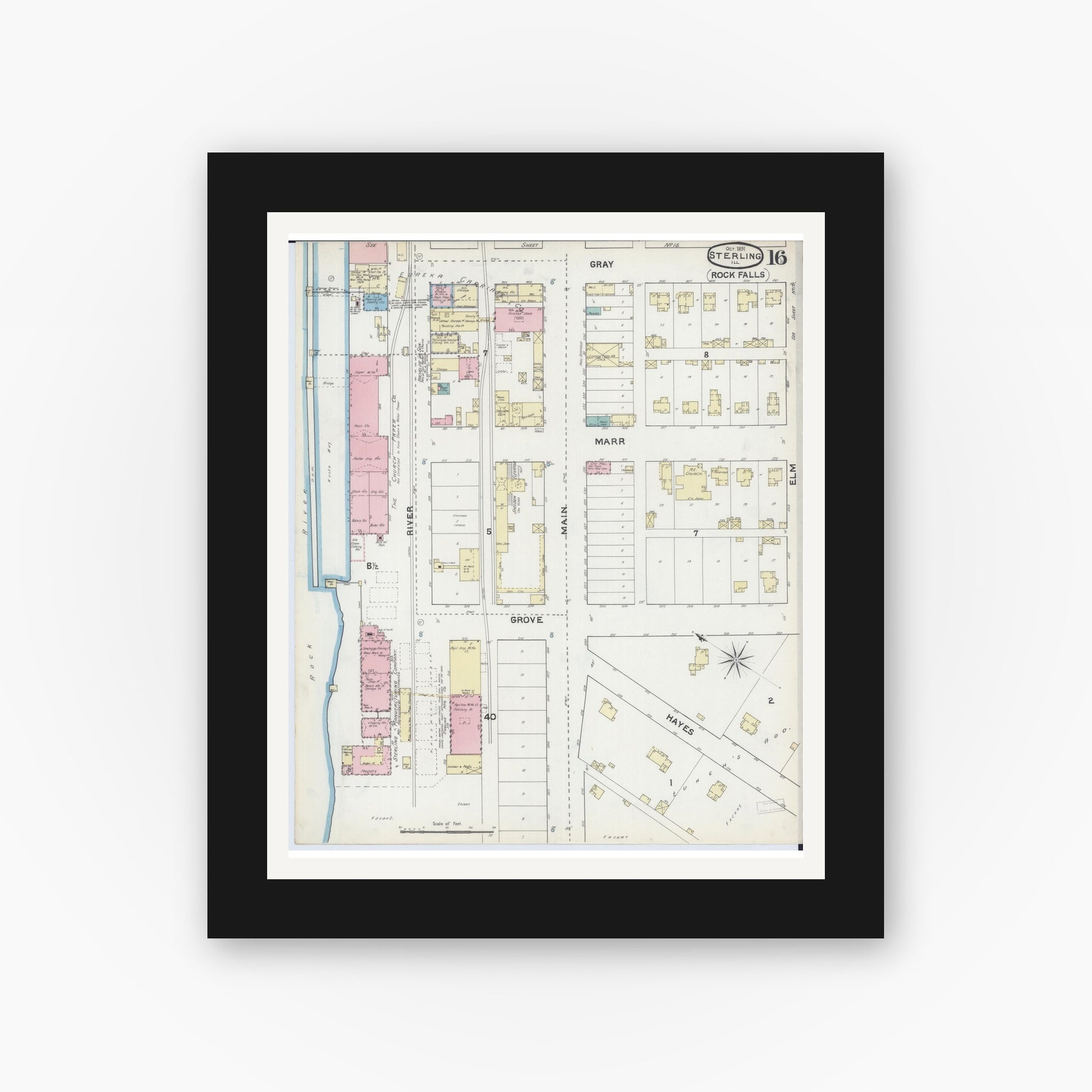 Old map wall art mockup — black gallery frame with white mat — Sanborn Fire Insurance Map from Sterling, Whiteside County, Illinois (1891), Sheet #0016