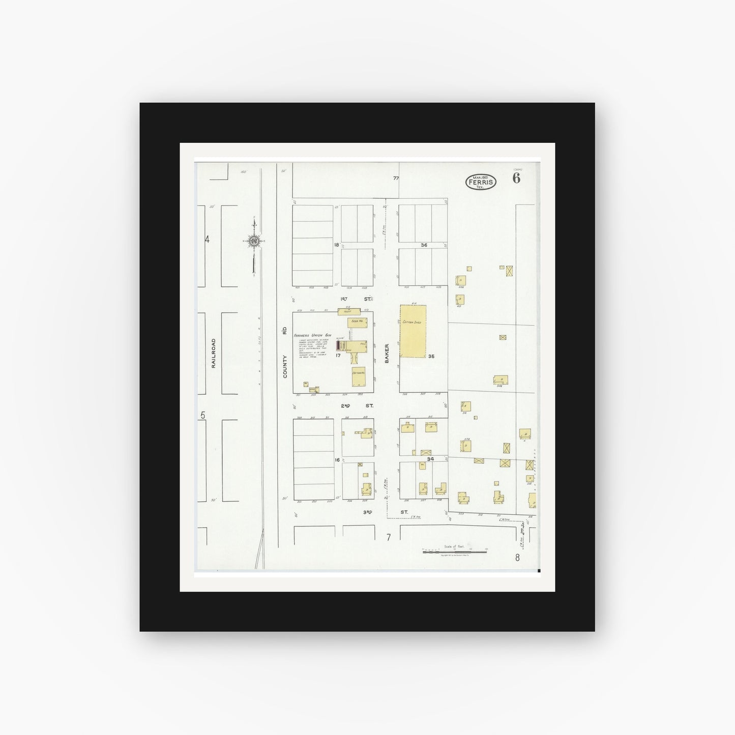 Old map wall art mockup — black gallery frame with white mat — Sanborn Fire Insurance Map from Ferris, Ellis County, Texas (1921), Sheet #0006