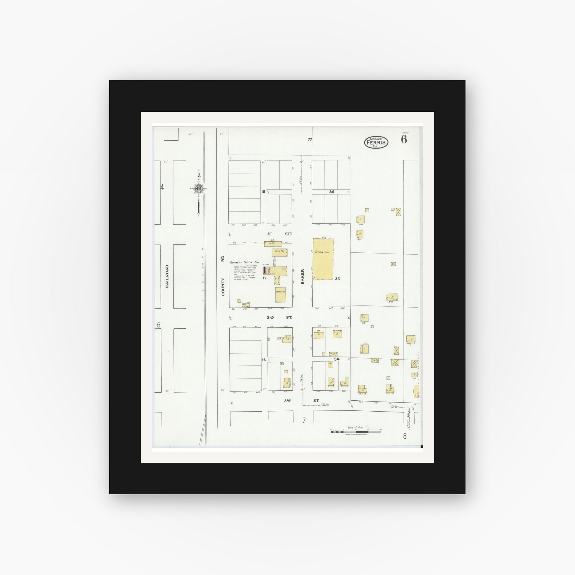 Old map wall art mockup — black gallery frame with white mat — Sanborn Fire Insurance Map from Ferris, Ellis County, Texas (1921), Sheet #0006
