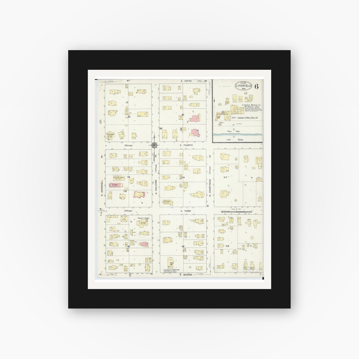 Old map wall art mockup — black gallery frame with white mat — Sanborn Fire Insurance Map from Litchfield, Meeker County, Minnesota (1913), Sheet #0006