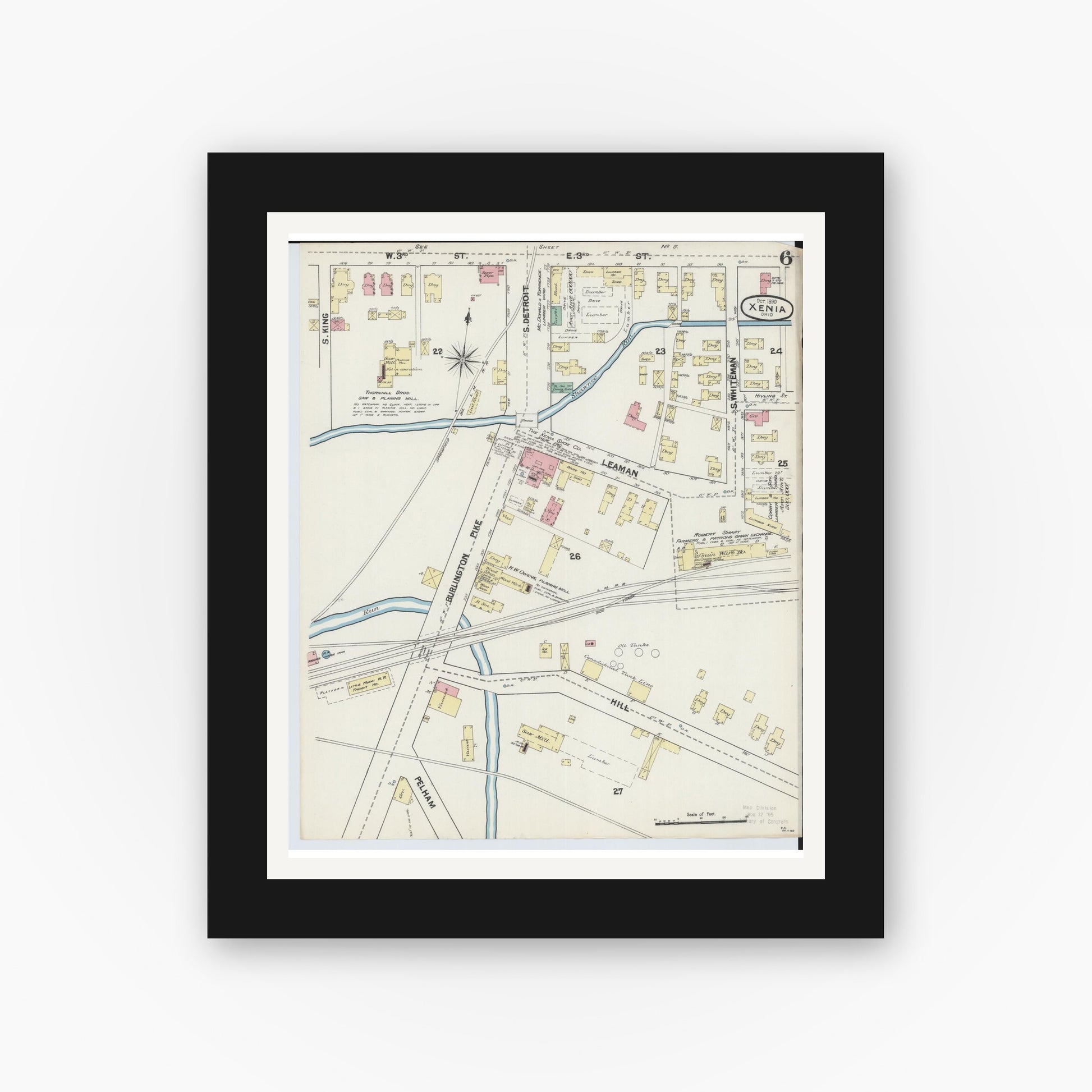 Old map wall art mockup — black gallery frame with white mat — Sanborn Fire Insurance Map from Xenia, Greene County, Ohio (1890), Sheet #0006