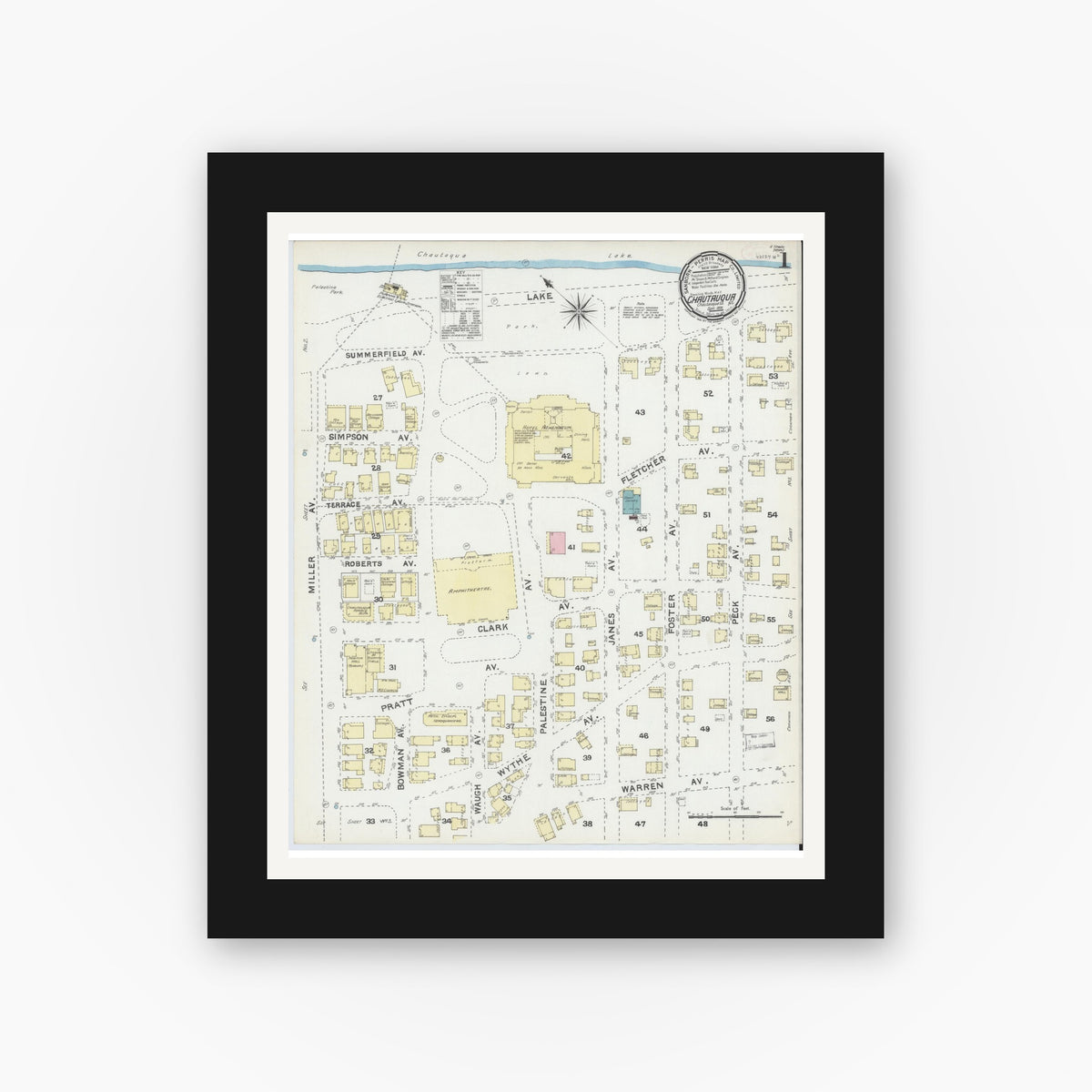 Old map wall art mockup — black gallery frame with white mat — Sanborn Fire Insurance Map from Chautauqua, Chautauqua County, New York (1891), Sheet #0001