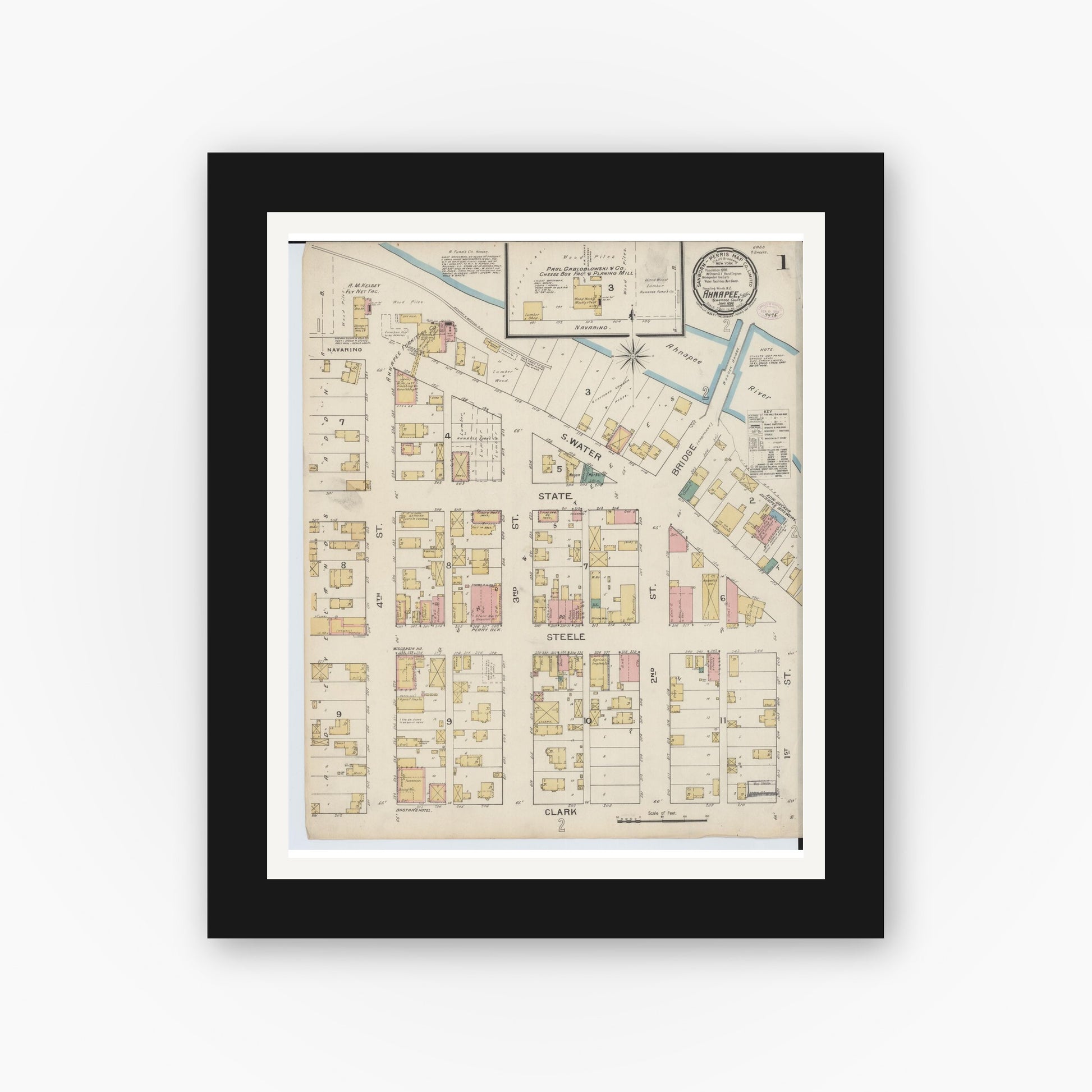 Old map wall art mockup — black gallery frame with white mat — Sanborn Fire Insurance Map from Ahnapee, Kewaunee County, Wisconsin (1894) - Complete Map Set