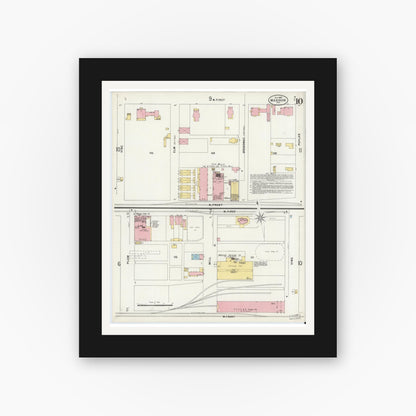 Old map wall art mockup — black gallery frame with white mat — Sanborn Fire Insurance Map from Madison, Jefferson County, Indiana (1897), Sheet #0010