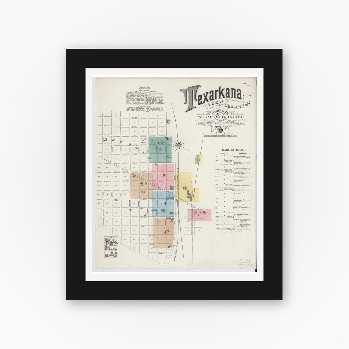 Old map wall art mockup — black gallery frame with white mat — Sanborn Fire Insurance Map from Texarkana, Bowie County, Texas (1888), Sheet #0001