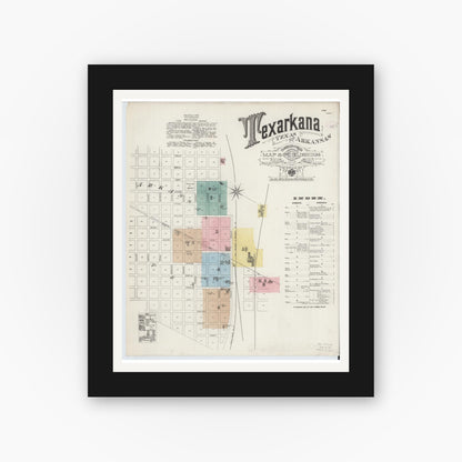 Old map wall art mockup — black gallery frame with white mat — Sanborn Fire Insurance Map from Texarkana, Bowie County, Texas (1888), Sheet #0001