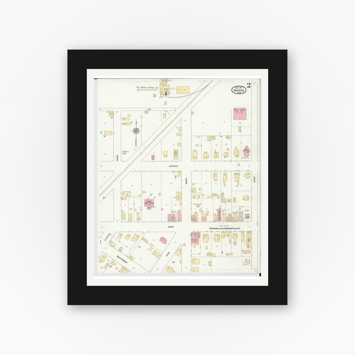 Old map wall art mockup — black gallery frame with white mat — Sanborn Fire Insurance Map from Mason, Warren County, Ohio (1911), Sheet #0002