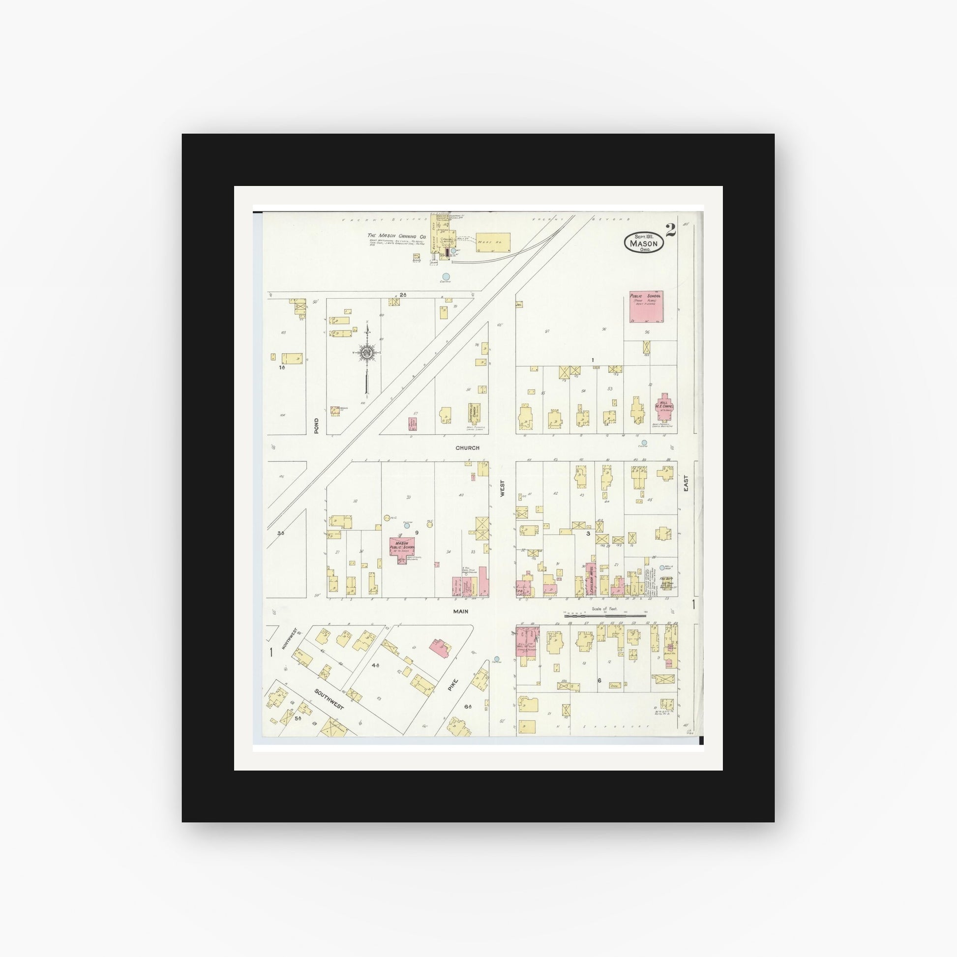 Old map wall art mockup — black gallery frame with white mat — Sanborn Fire Insurance Map from Mason, Warren County, Ohio (1911), Sheet #0002