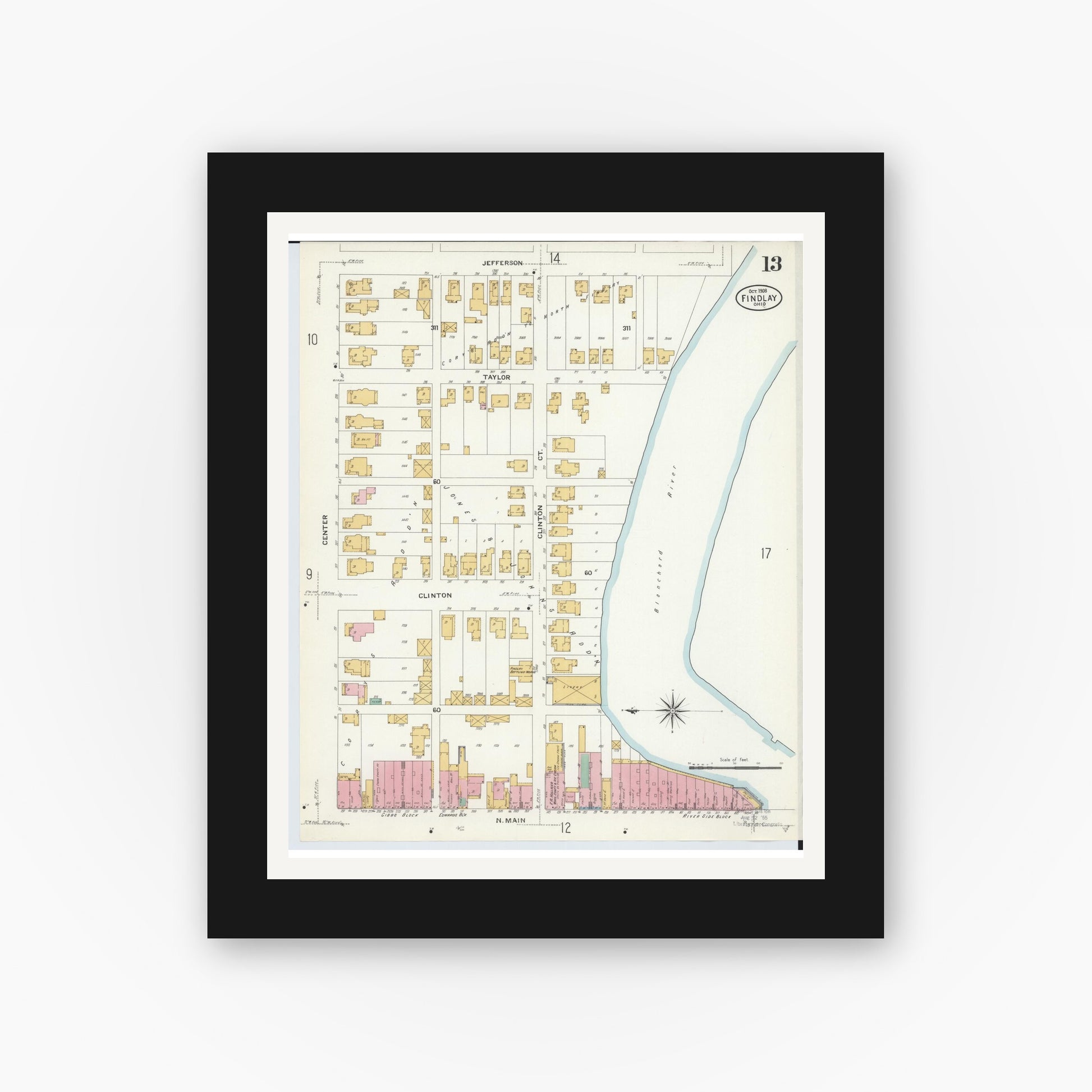 Old map wall art mockup — black gallery frame with white mat — Sanborn Fire Insurance Map from Findlay, Hancock County, Ohio (1908), Sheet #0013