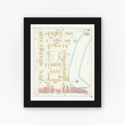 Old map wall art mockup — black gallery frame with white mat — Sanborn Fire Insurance Map from Findlay, Hancock County, Ohio (1908), Sheet #0013
