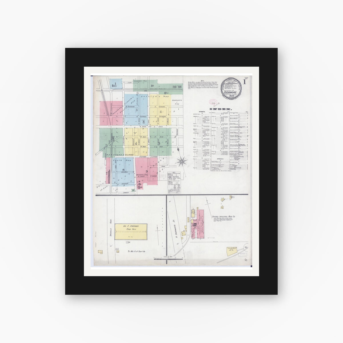 Old map wall art mockup — black gallery frame with white mat — Sanborn Fire Insurance Map from Sycamore, De Kalb County, Illinois (1896) - Complete Map Set