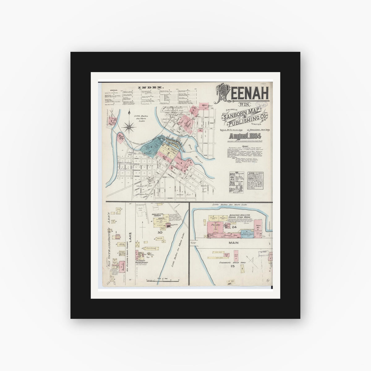 Old map wall art mockup — black gallery frame with white mat — Sanborn Fire Insurance Map from Neenah, Winnebago County, Wisconsin (1884), Sheet #0001