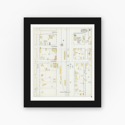 Old map wall art mockup — black gallery frame with white mat — Sanborn Fire Insurance Map from Cleburne, Johnson County, Texas (1893), Sheet #0004