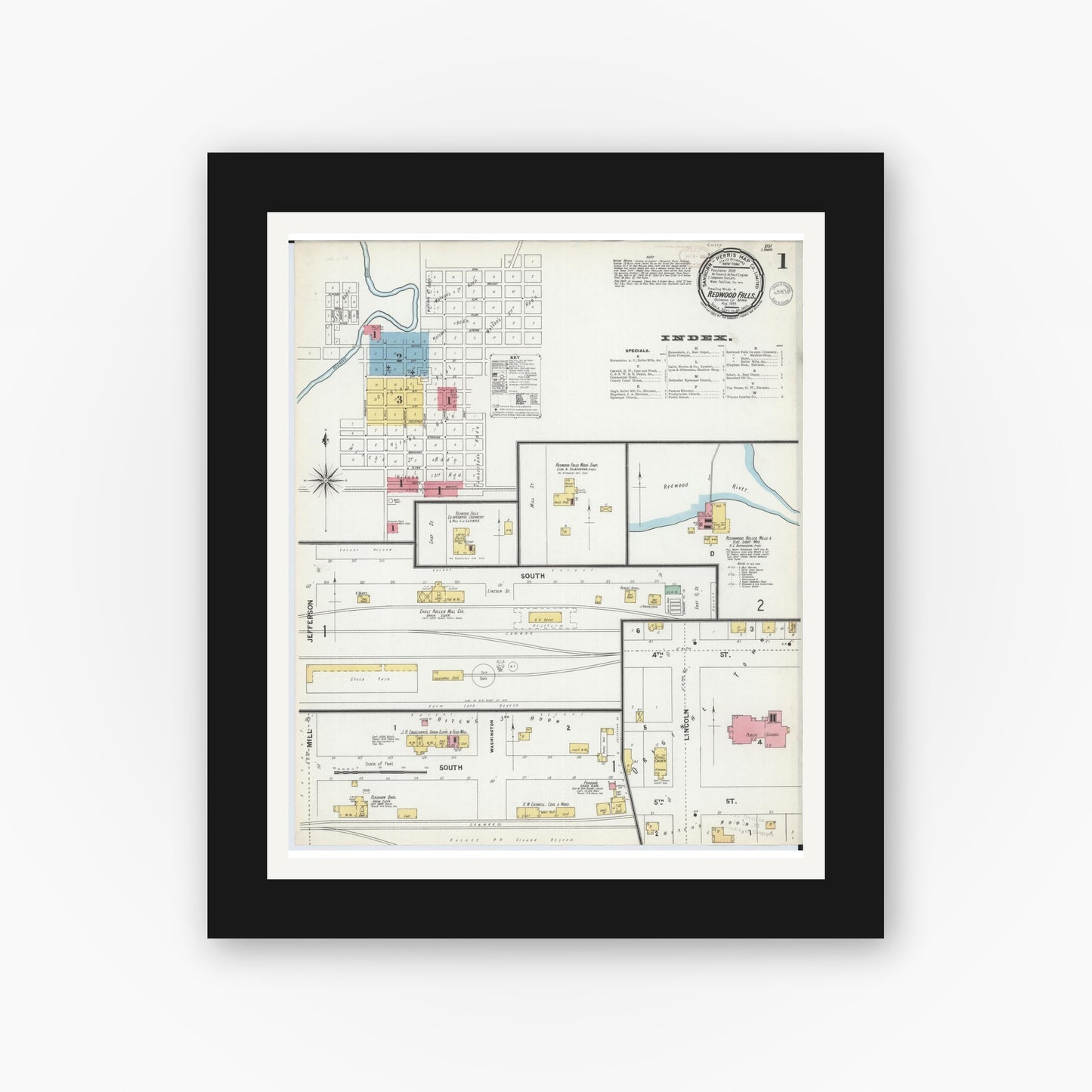Old map wall art mockup — black gallery frame with white mat — Sanborn Fire Insurance Map from Redwood Falls, Redwood County, Minnesota (1899) - Complete Map Set