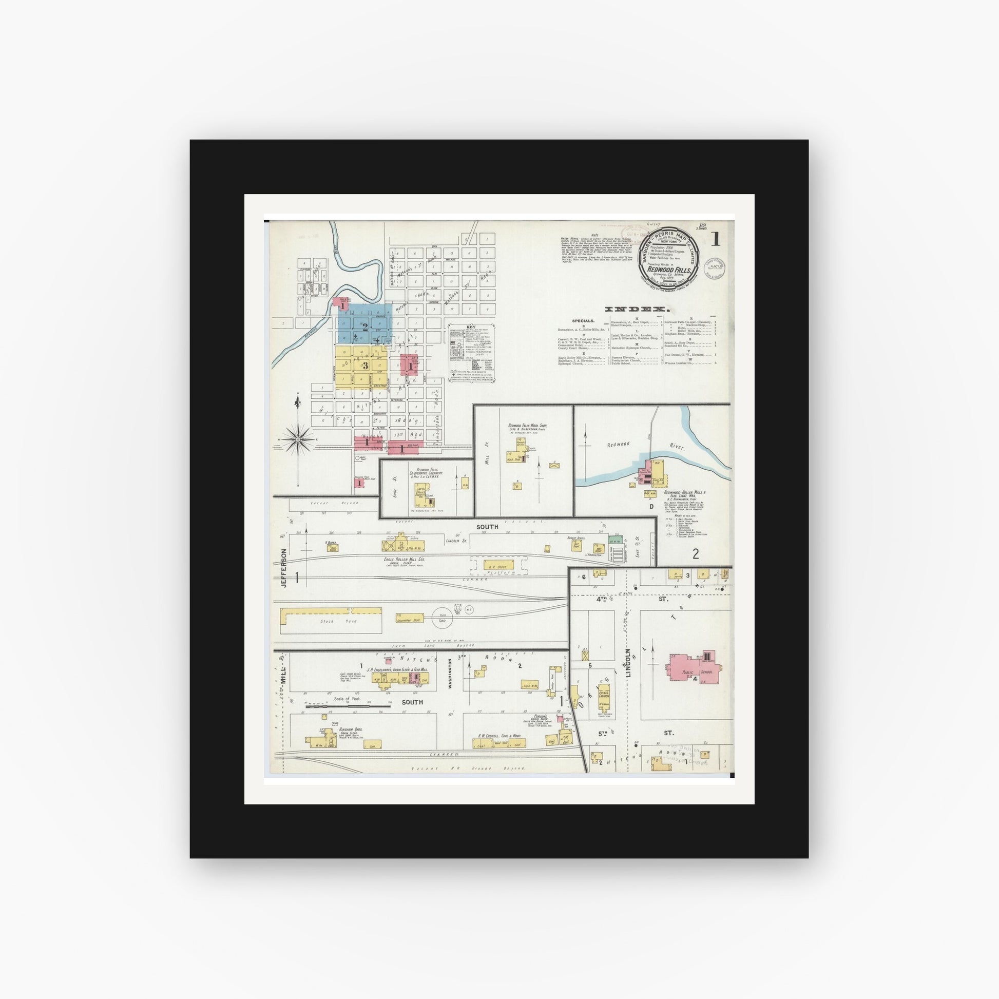 Old map wall art mockup — black gallery frame with white mat — Sanborn Fire Insurance Map from Redwood Falls, Redwood County, Minnesota (1899) - Complete Map Set