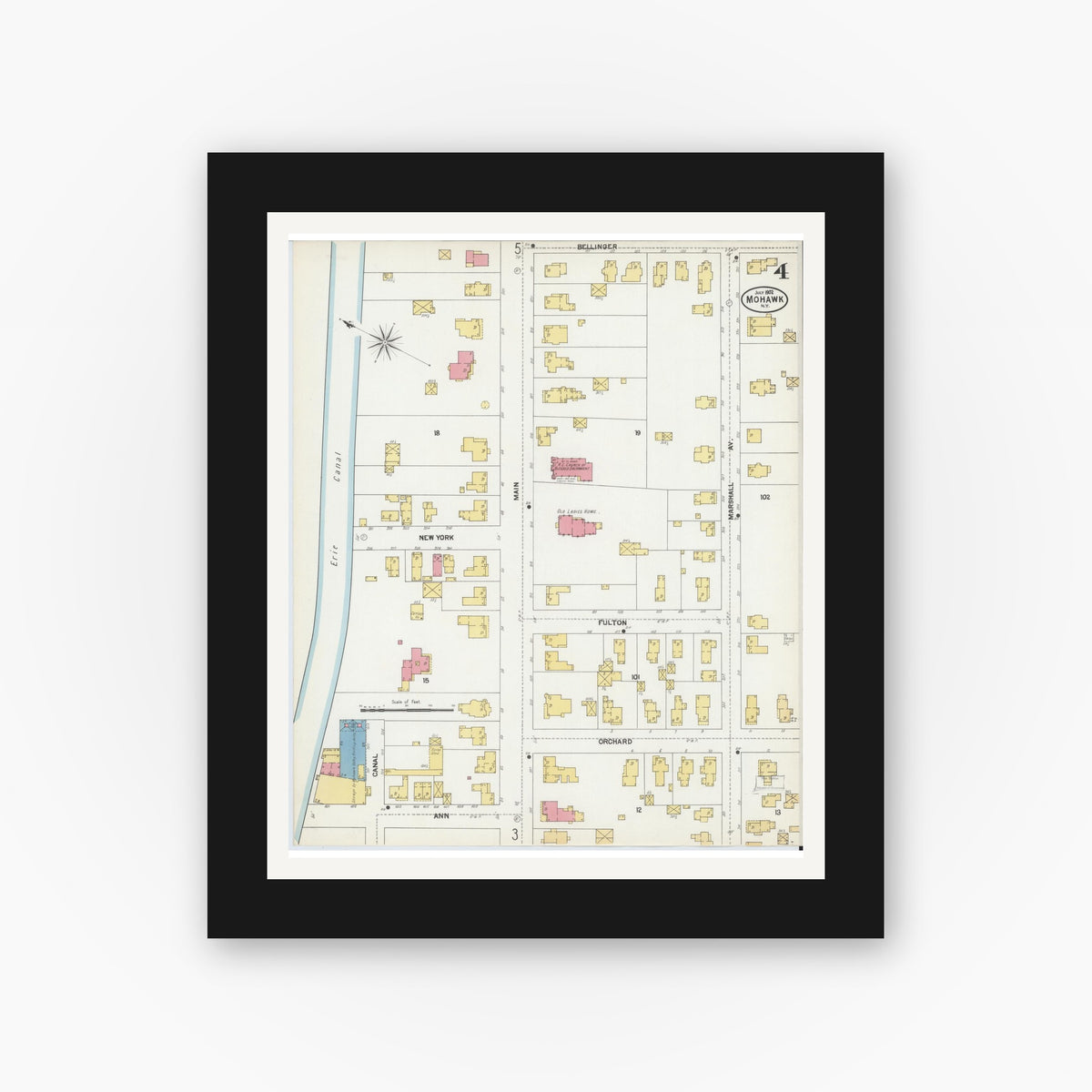 Old map wall art mockup — black gallery frame with white mat — Sanborn Fire Insurance Map from Mohawk, Herkimer County, New York (1902), Sheet #0004