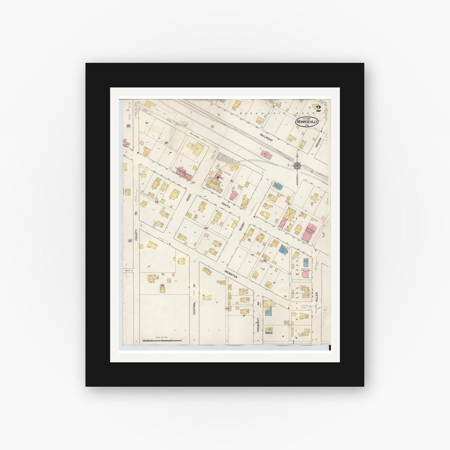 Old map wall art mockup — black gallery frame with white mat — Sanborn Fire Insurance Map from Monroeville, Allen County, Indiana (1932), Sheet #0002