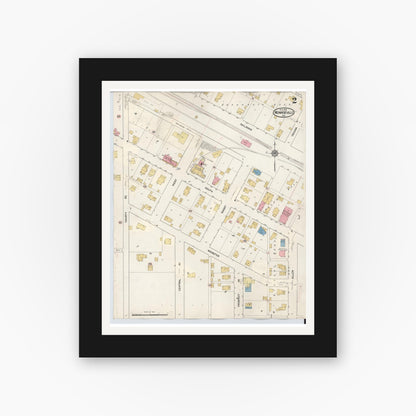 Old map wall art mockup — black gallery frame with white mat — Sanborn Fire Insurance Map from Monroeville, Allen County, Indiana (1932), Sheet #0002