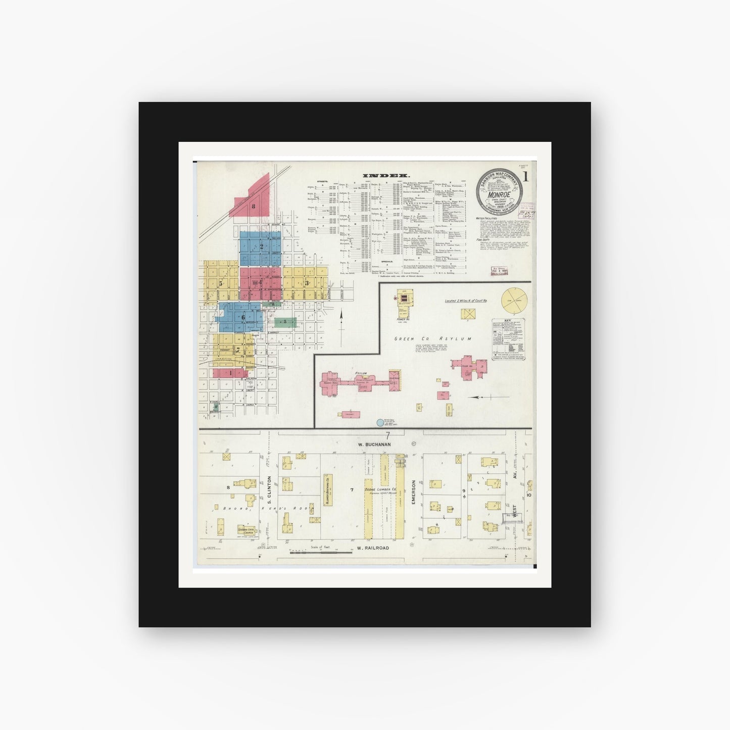 Old map wall art mockup — black gallery frame with white mat — Sanborn Fire Insurance Map from Monroe, Green County, Wisconsin (1908), Sheet #0001