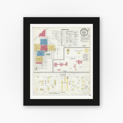 Old map wall art mockup — black gallery frame with white mat — Sanborn Fire Insurance Map from Monroe, Green County, Wisconsin (1908), Sheet #0001