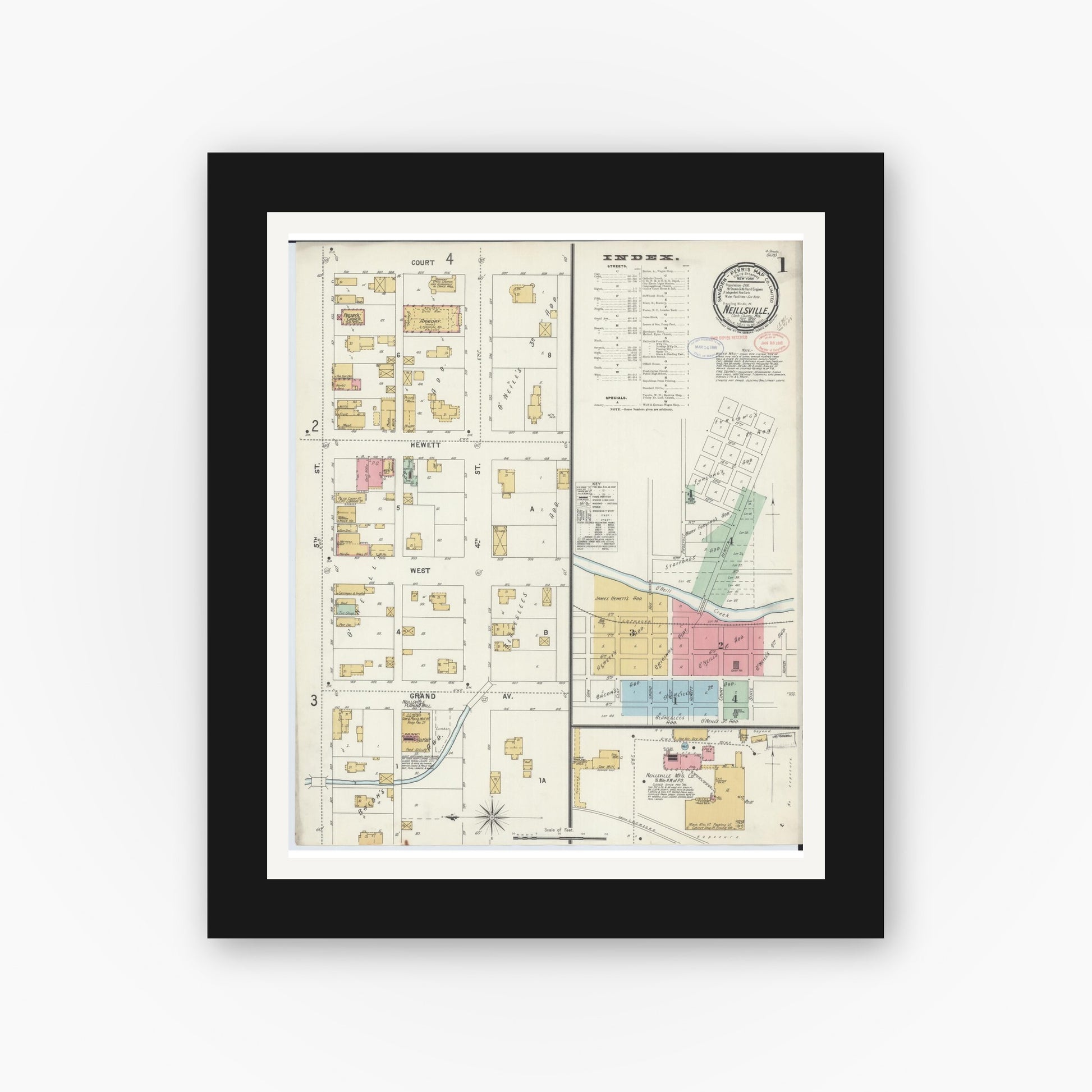 Old map wall art mockup — black gallery frame with white mat — Sanborn Fire Insurance Map from Neillsville, Clark County, Wisconsin (1897) - Complete Map Set
