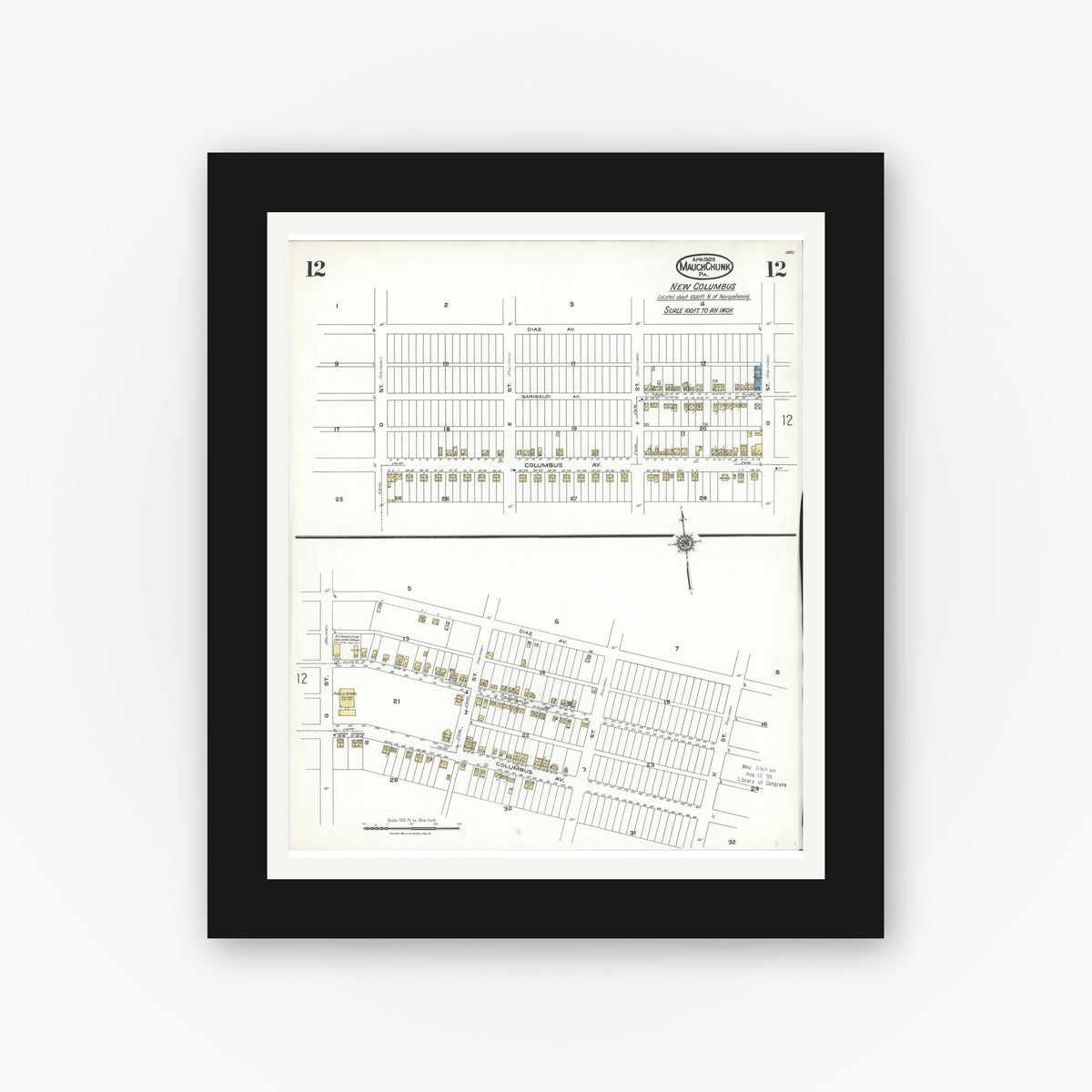 Old map wall art mockup — black gallery frame with white mat — Sanborn Fire Insurance Map from Mauch Chunk, Carbon County, Pennsylvania (1923), Sheet #0012