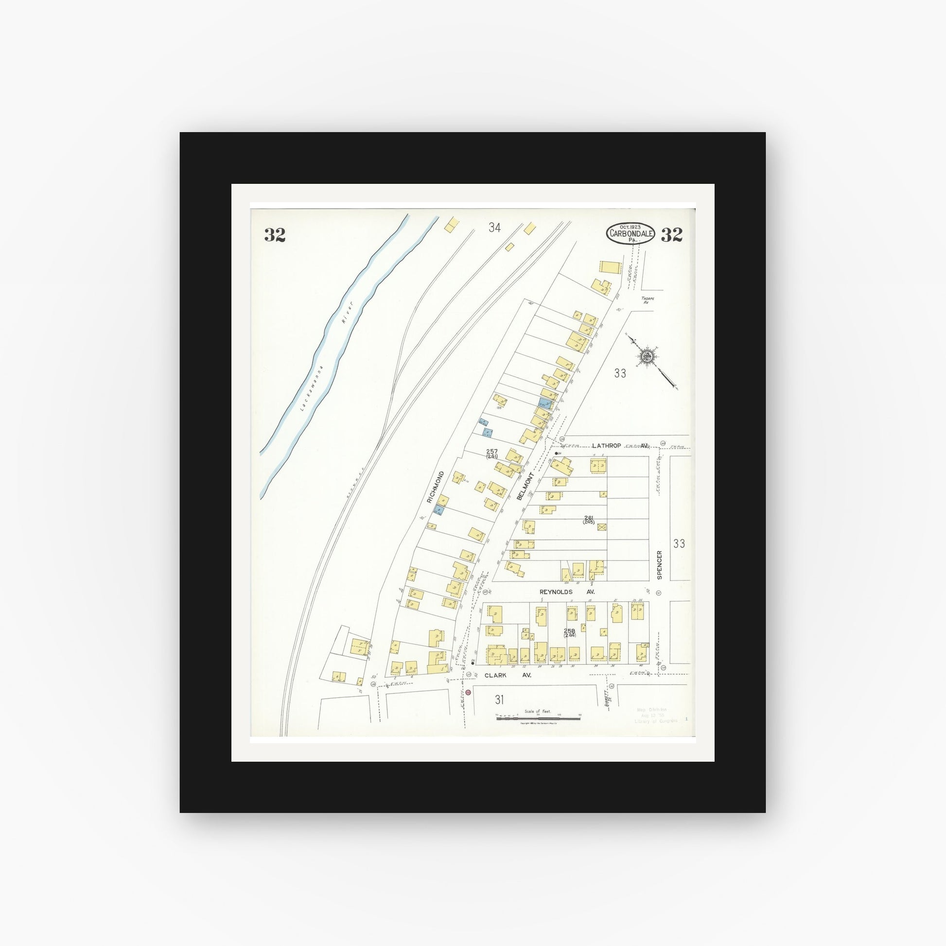 Old map wall art mockup — black gallery frame with white mat — Sanborn Fire Insurance Map from Carbondale, Lackawanna County, Pennsylvania (1923), Sheet #0032