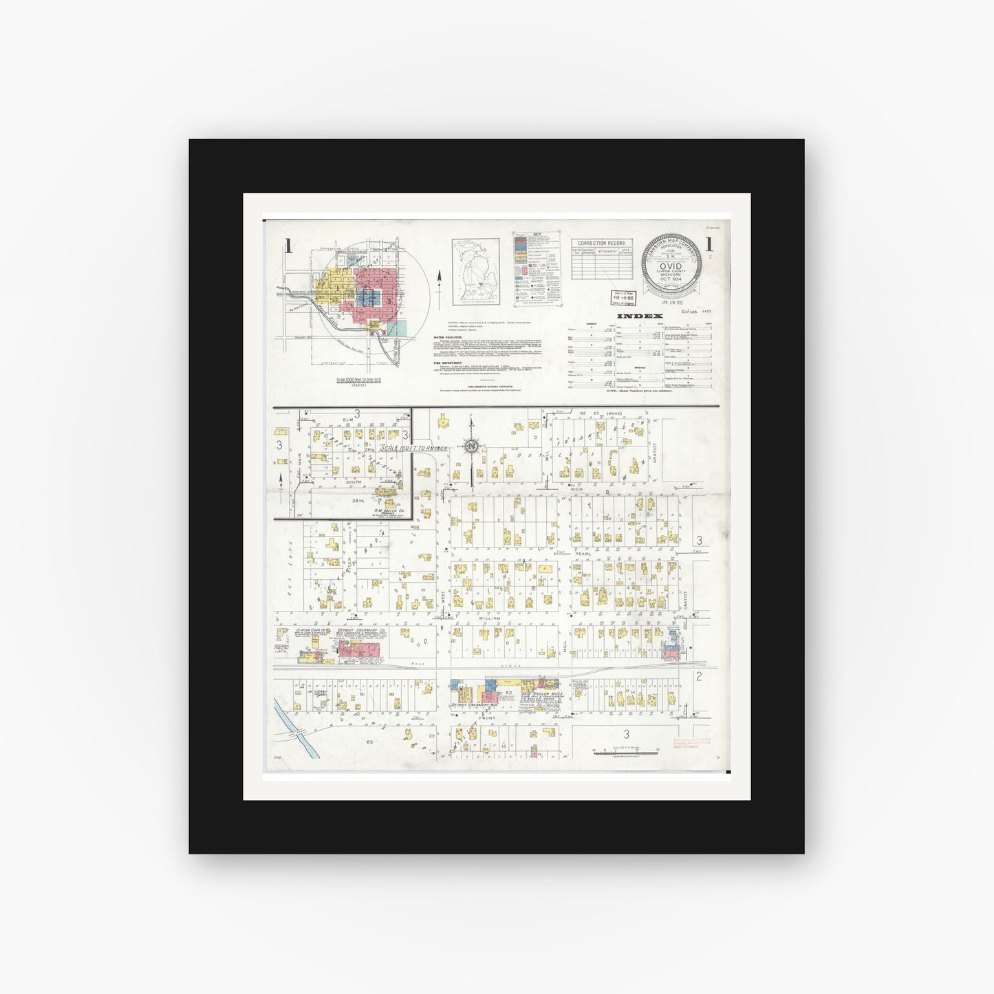 Old map wall art mockup — black gallery frame with white mat — Sanborn Fire Insurance Map from Ovid, Clinton County, Michigan (1934) - Complete Map Set
