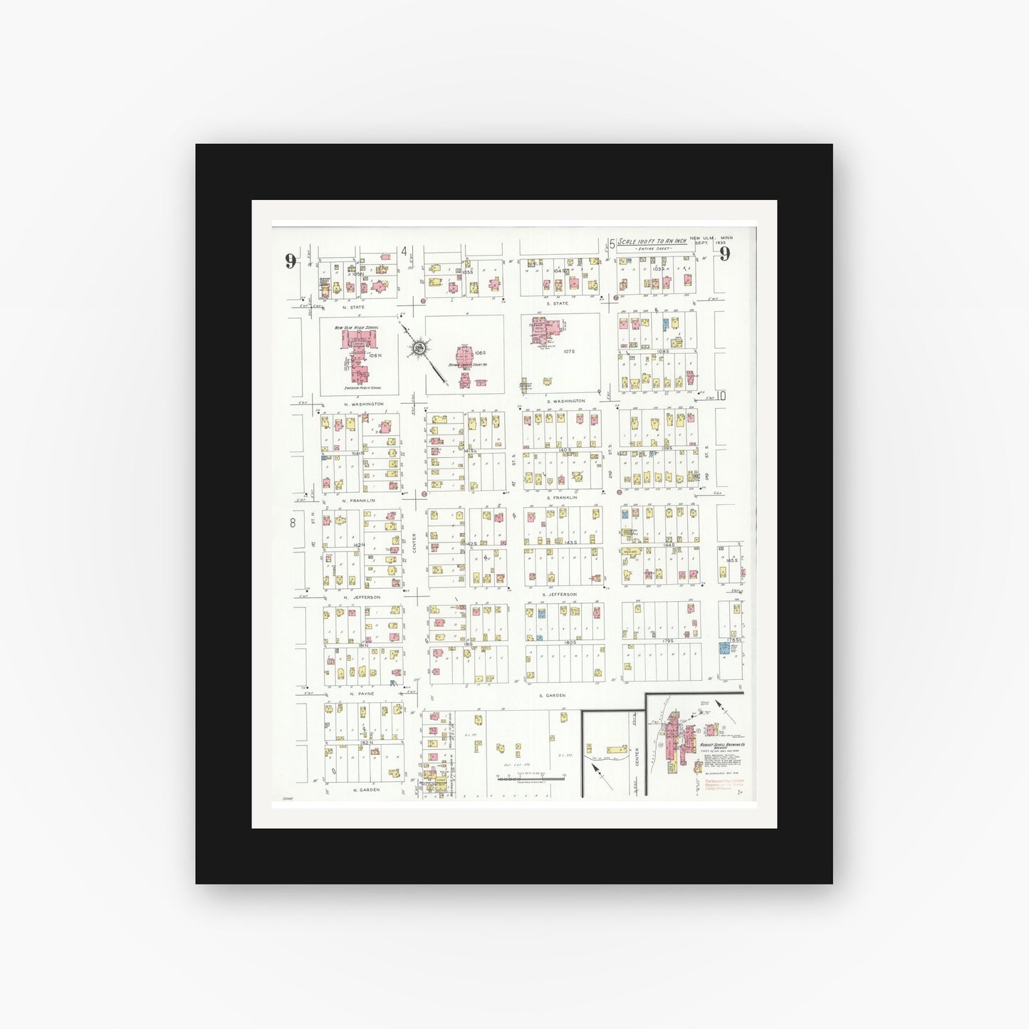 Old map wall art mockup — black gallery frame with white mat — Sanborn Fire Insurance Map from New Ulm, Brown County, Minnesota (1935), Sheet #0009