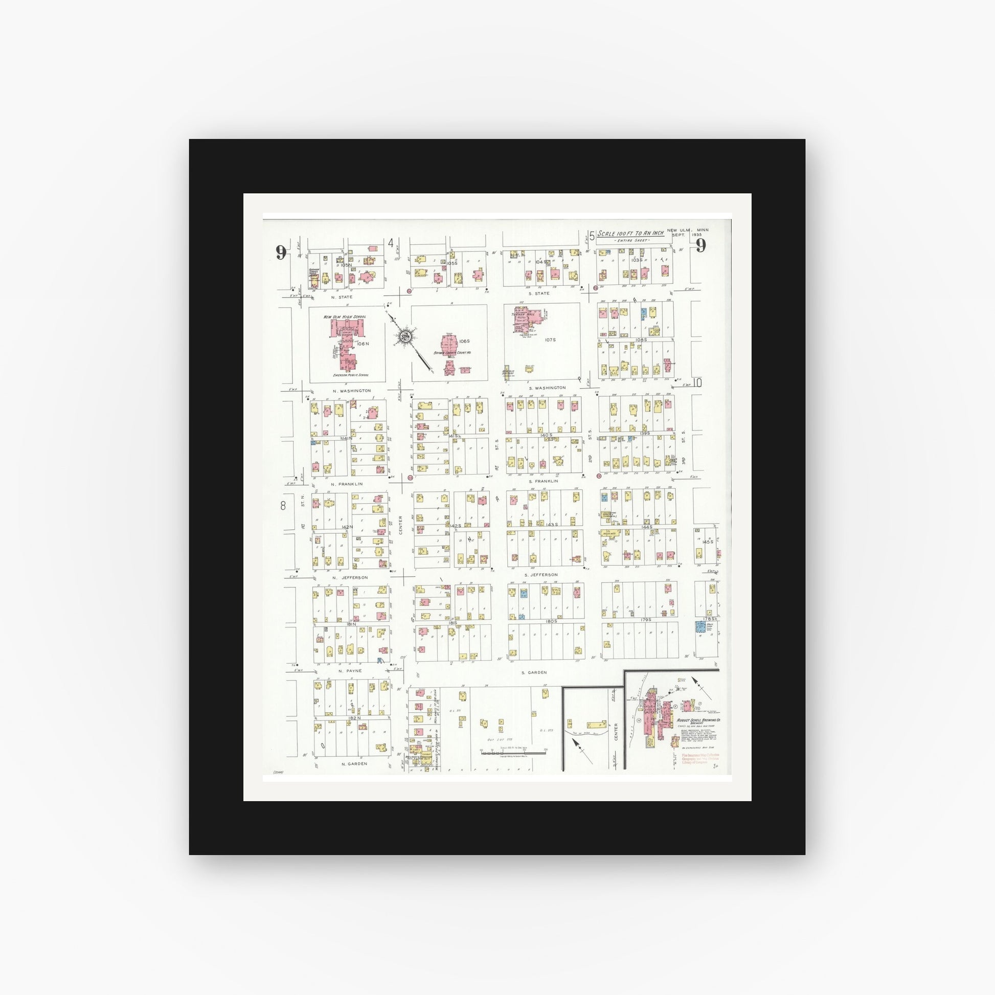 Old map wall art mockup — black gallery frame with white mat — Sanborn Fire Insurance Map from New Ulm, Brown County, Minnesota (1935), Sheet #0009