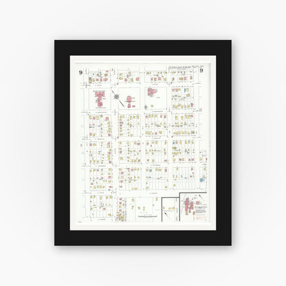Old map wall art mockup — black gallery frame with white mat — Sanborn Fire Insurance Map from New Ulm, Brown County, Minnesota (1935), Sheet #0009