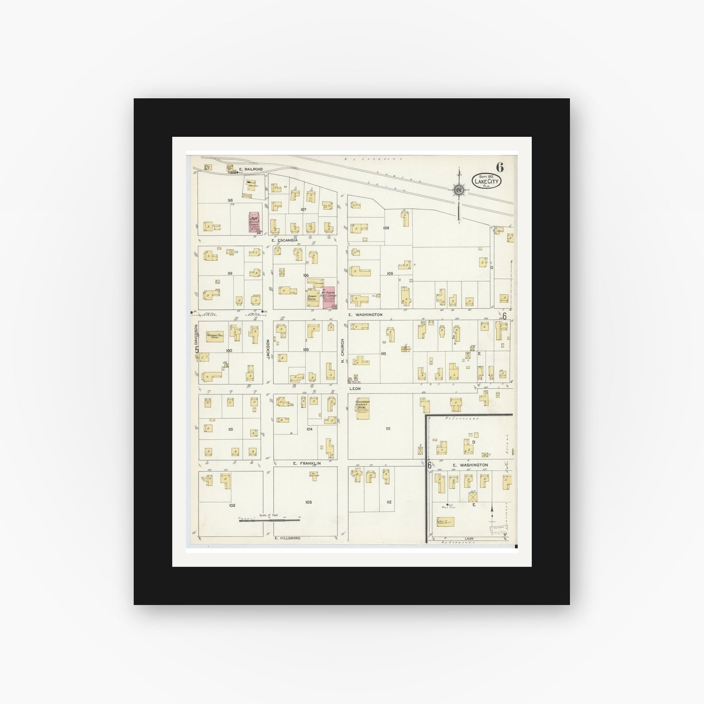 Old map wall art mockup — black gallery frame with white mat — Sanborn Fire Insurance Map from Lake City, Columbia County, Florida (1912), Sheet #0006