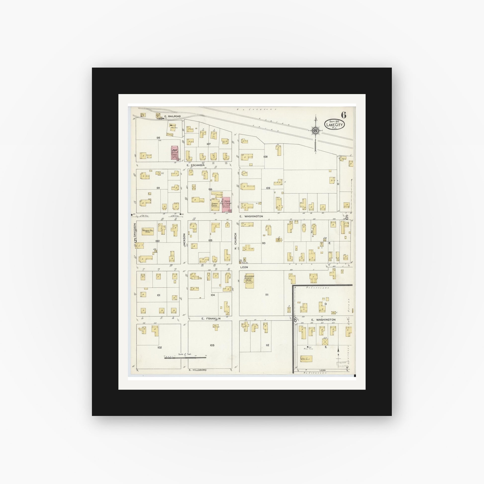 Old map wall art mockup — black gallery frame with white mat — Sanborn Fire Insurance Map from Lake City, Columbia County, Florida (1912), Sheet #0006