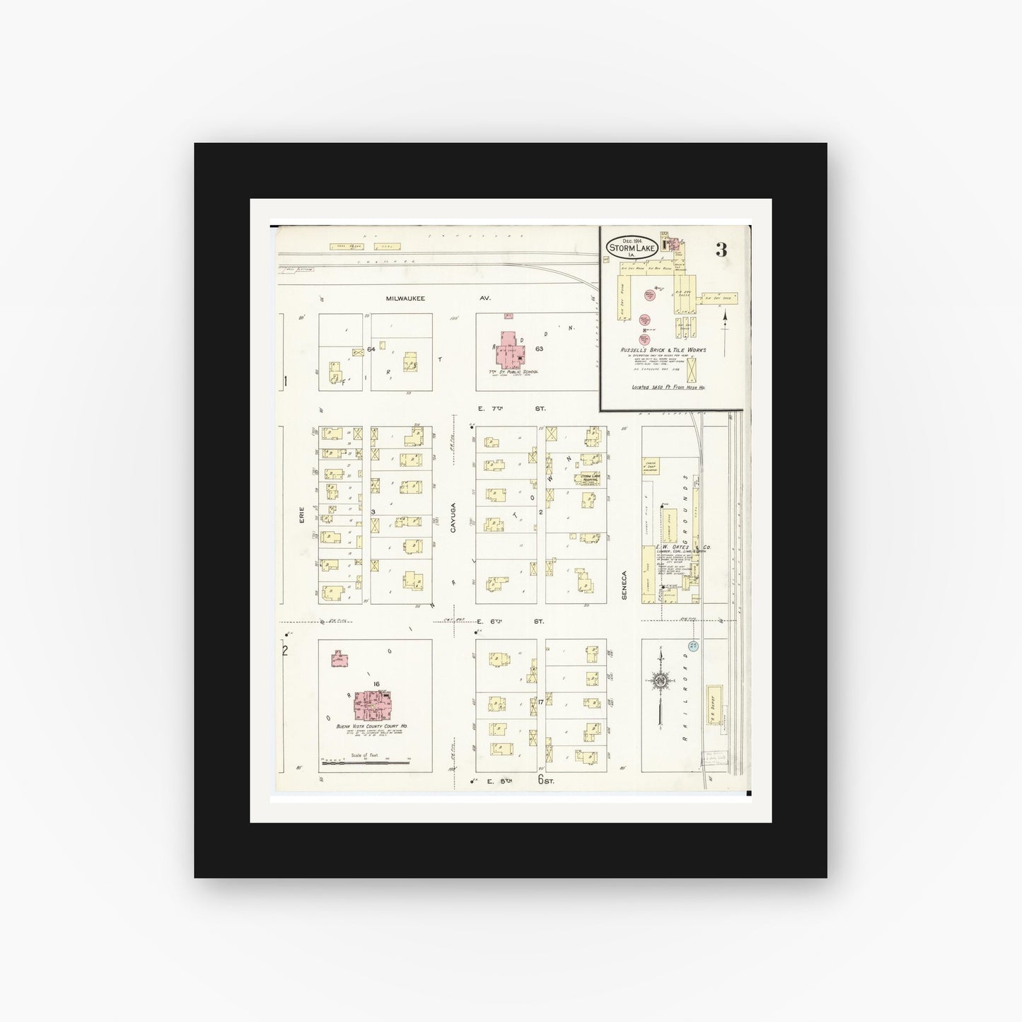Old map wall art mockup — black gallery frame with white mat — Sanborn Fire Insurance Map from Storm Lake, Buena Vista County, Iowa (1914), Sheet #0003