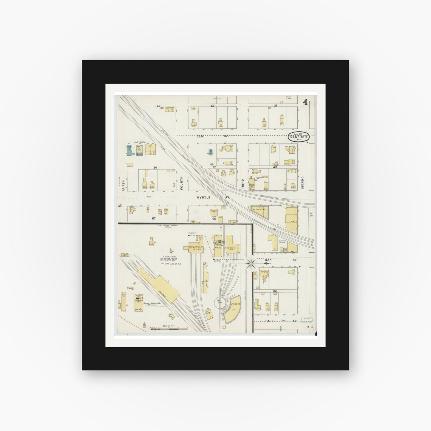 Old map wall art mockup — black gallery frame with white mat — Sanborn Fire Insurance Map from Sanford, Seminole County, Florida (1895), Sheet #0004