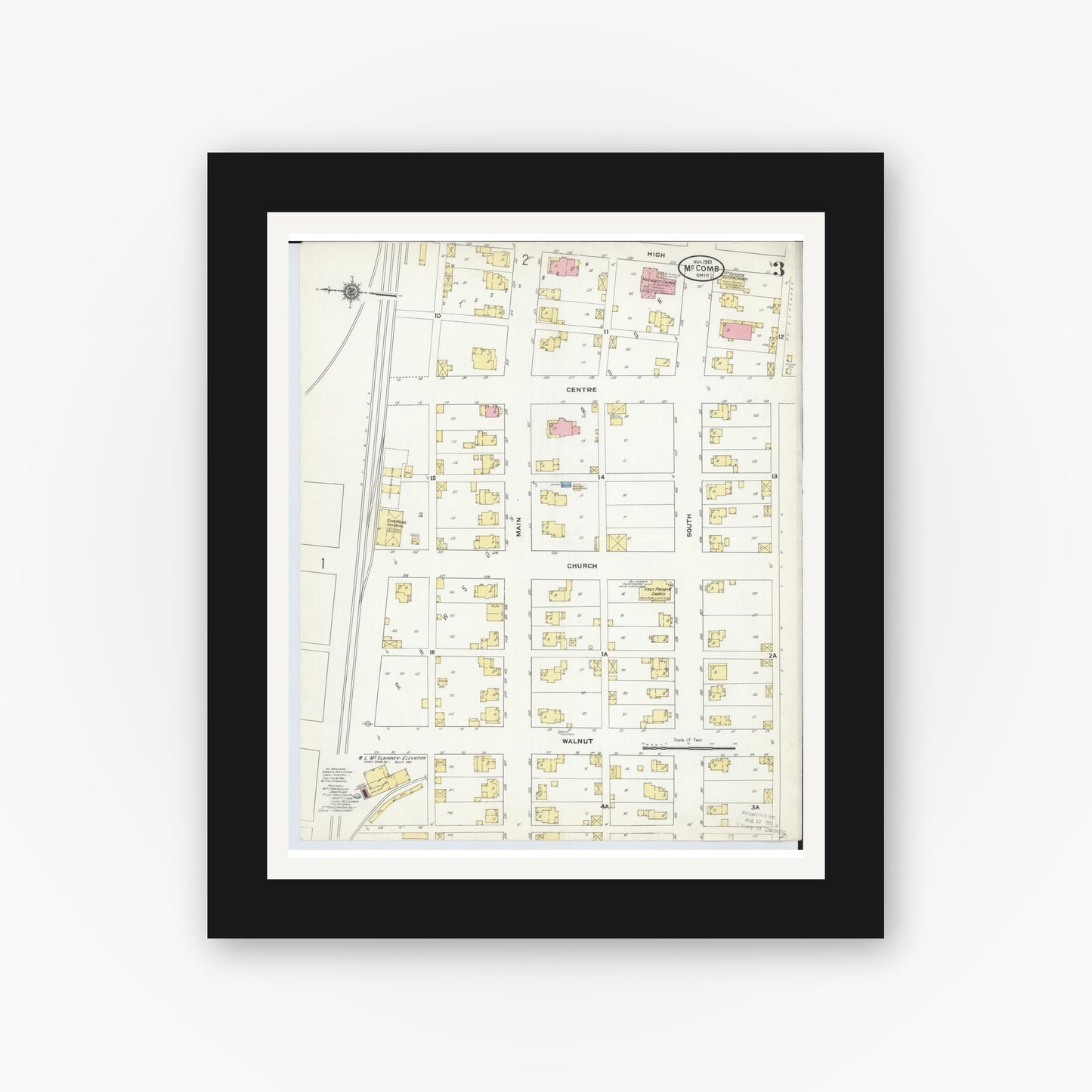 Old map wall art mockup — black gallery frame with white mat — Sanborn Fire Insurance Map from McComb, Hancock County, Ohio (1910), Sheet #0003