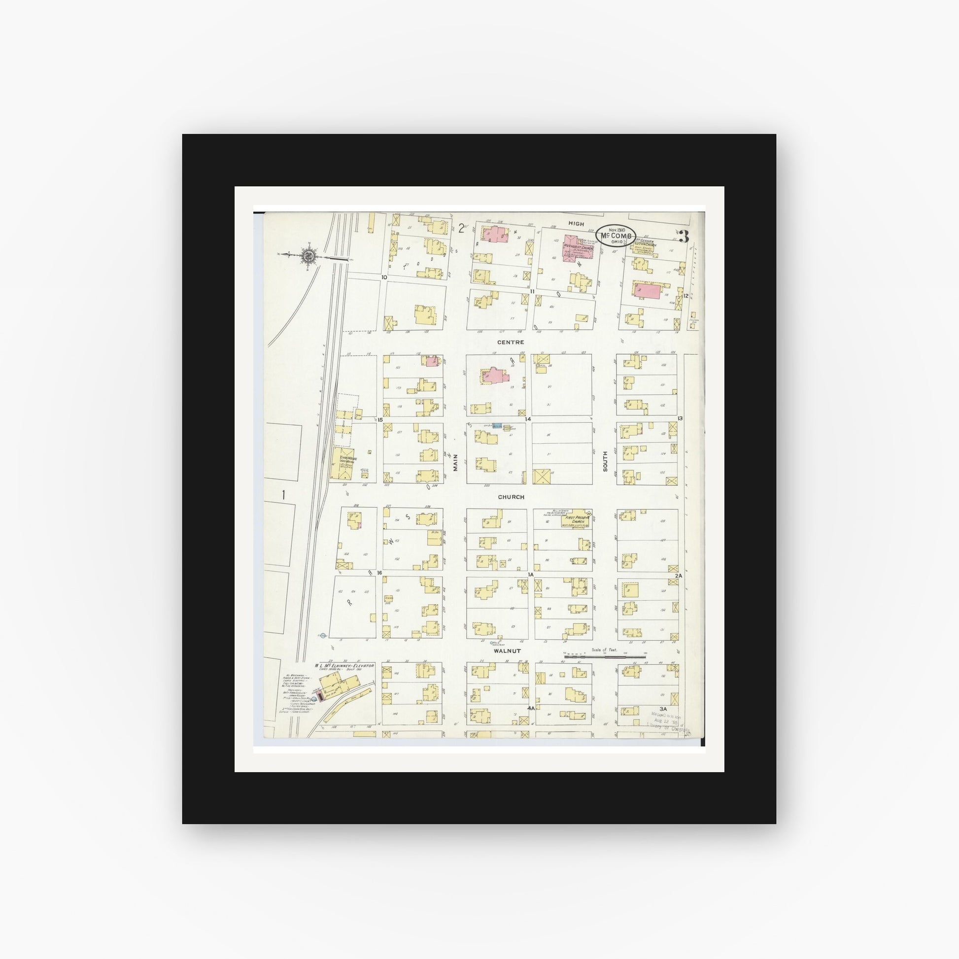 Old map wall art mockup — black gallery frame with white mat — Sanborn Fire Insurance Map from McComb, Hancock County, Ohio (1910), Sheet #0003