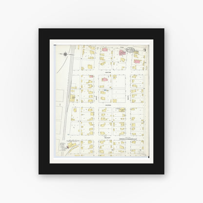 Old map wall art mockup — black gallery frame with white mat — Sanborn Fire Insurance Map from McComb, Hancock County, Ohio (1910), Sheet #0003
