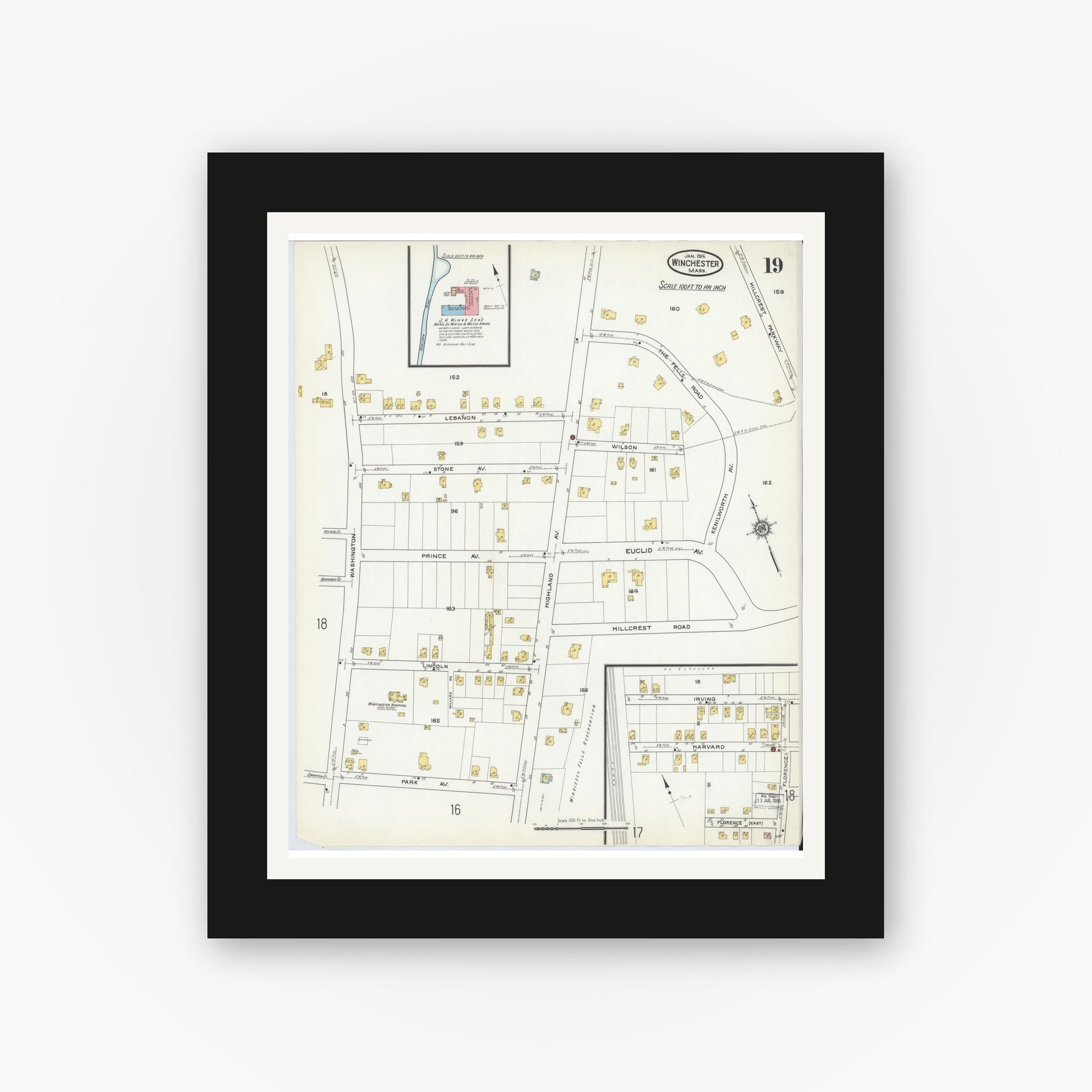 Old map wall art mockup — black gallery frame with white mat — Sanborn Fire Insurance Map from Winchester, Middlesex County, Massachusetts (1916), Sheet #0019