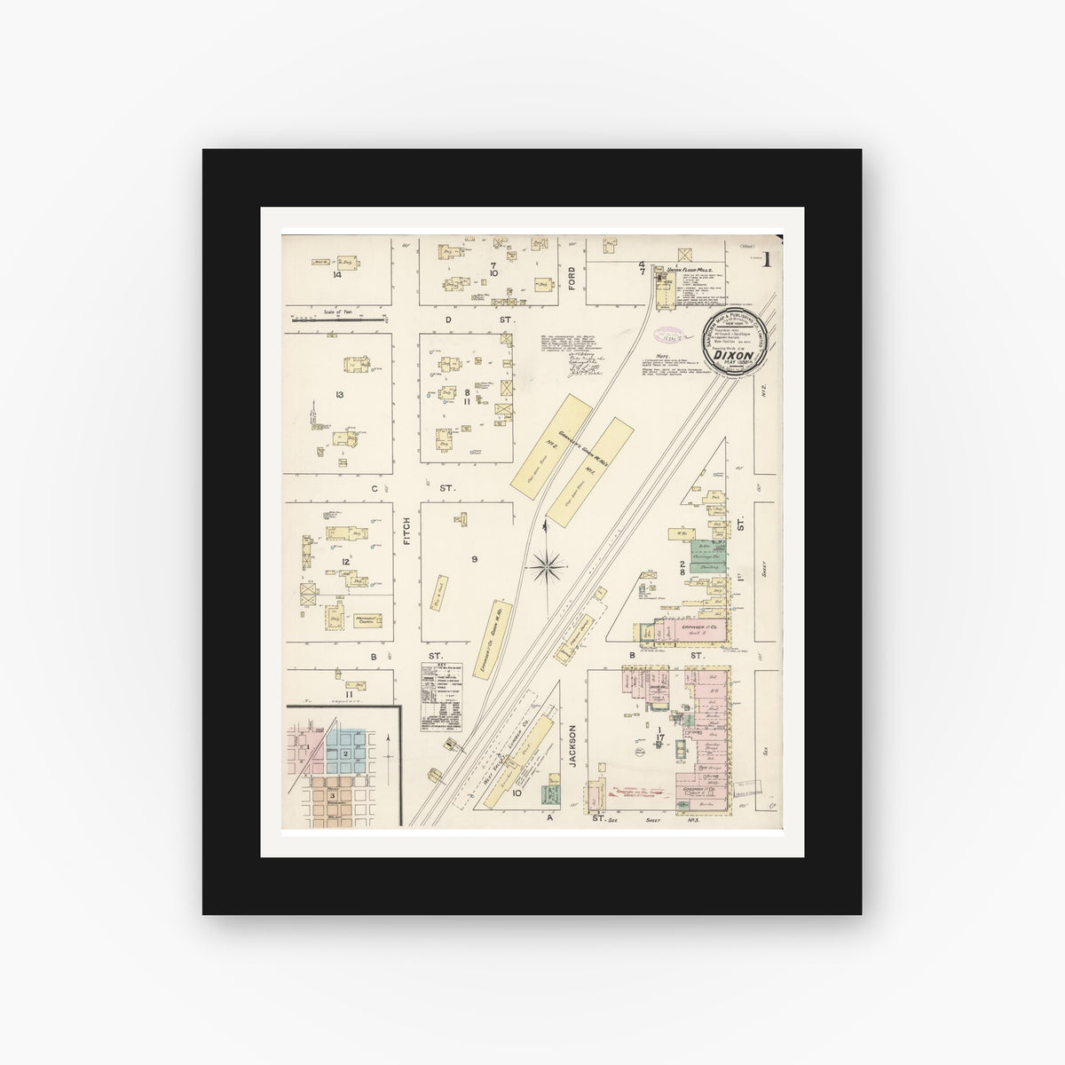 Old map wall art mockup — black gallery frame with white mat — Sanborn Fire Insurance Map from Dixon, Solano County, California (1888), Sheet #0001