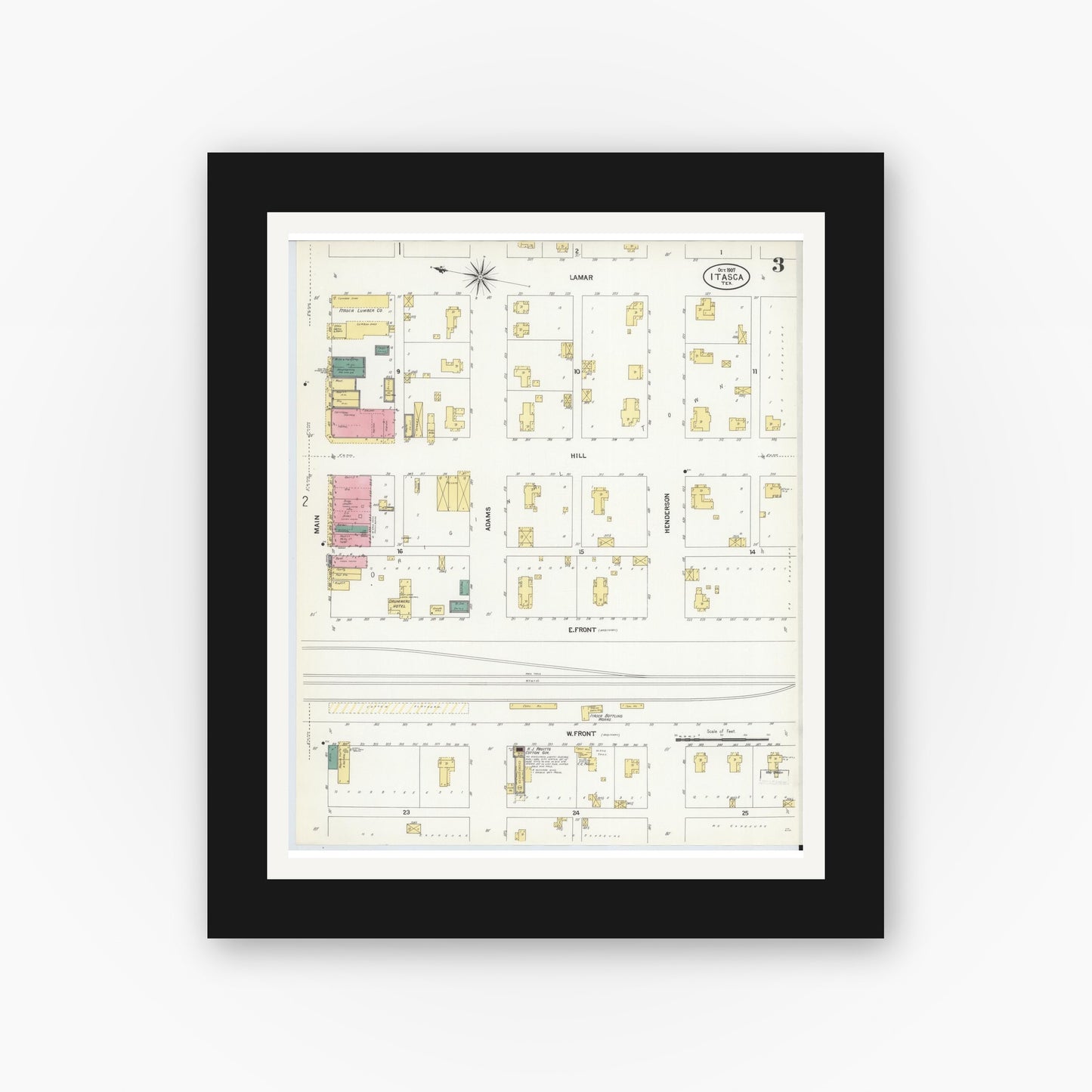 Old map wall art mockup — black gallery frame with white mat — Sanborn Fire Insurance Map from Itasca, Hill County, Texas (1907), Sheet #0003