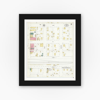 Old map wall art mockup — black gallery frame with white mat — Sanborn Fire Insurance Map from Itasca, Hill County, Texas (1907), Sheet #0003
