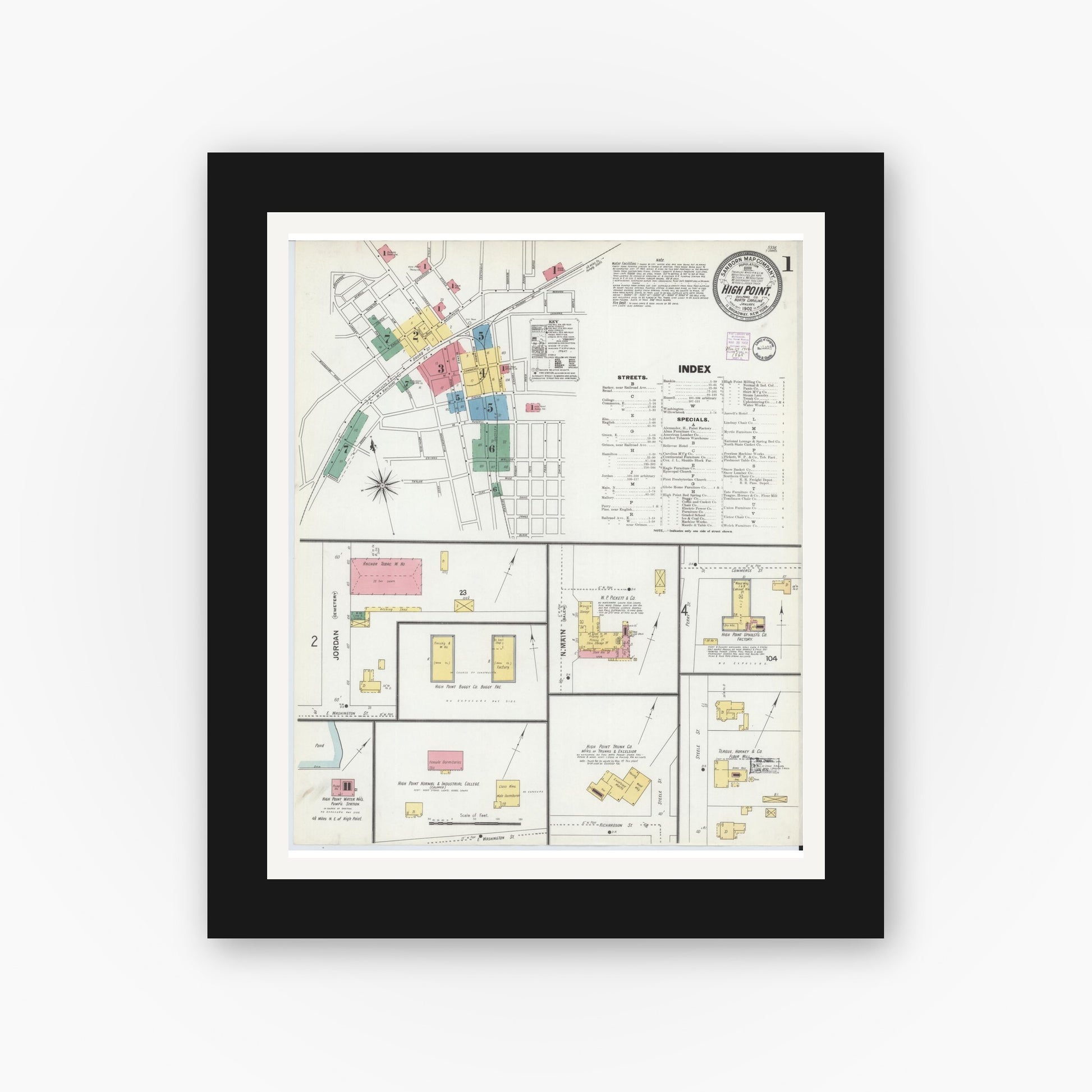 Old map wall art mockup — black gallery frame with white mat — Sanborn Fire Insurance Map from High Point, Guilford County, North Carolina (1902) - Complete Map Set
