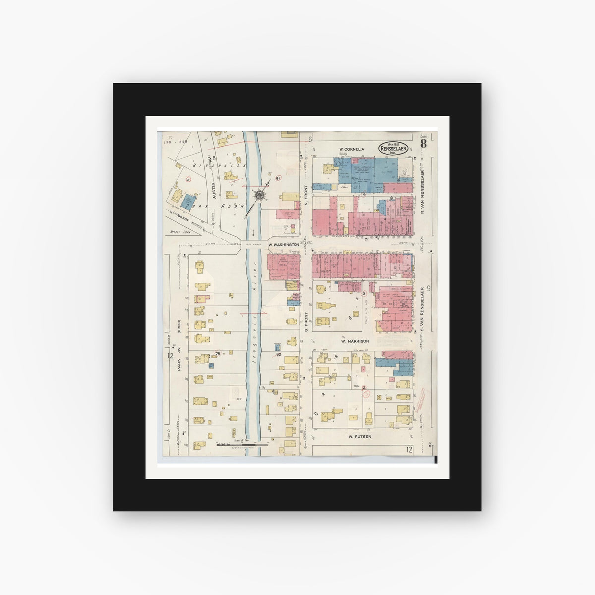 Old map wall art mockup — black gallery frame with white mat — Sanborn Fire Insurance Map from Rensselaer, Jasper County, Indiana (1942), Sheet #0008