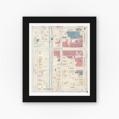 Old map wall art mockup — black gallery frame with white mat — Sanborn Fire Insurance Map from Rensselaer, Jasper County, Indiana (1942), Sheet #0008